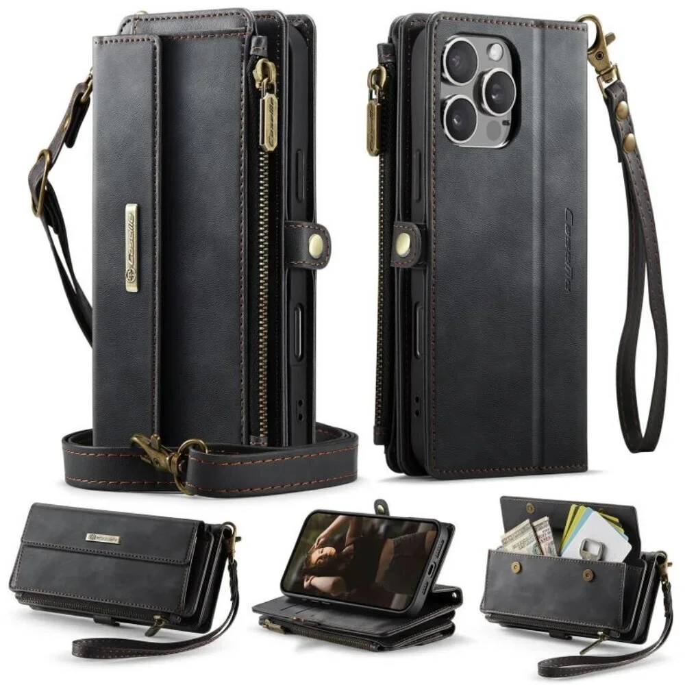 CaseMe Leather Folio Style Wallet Phone Case Zip Magnetic Close Card Slots